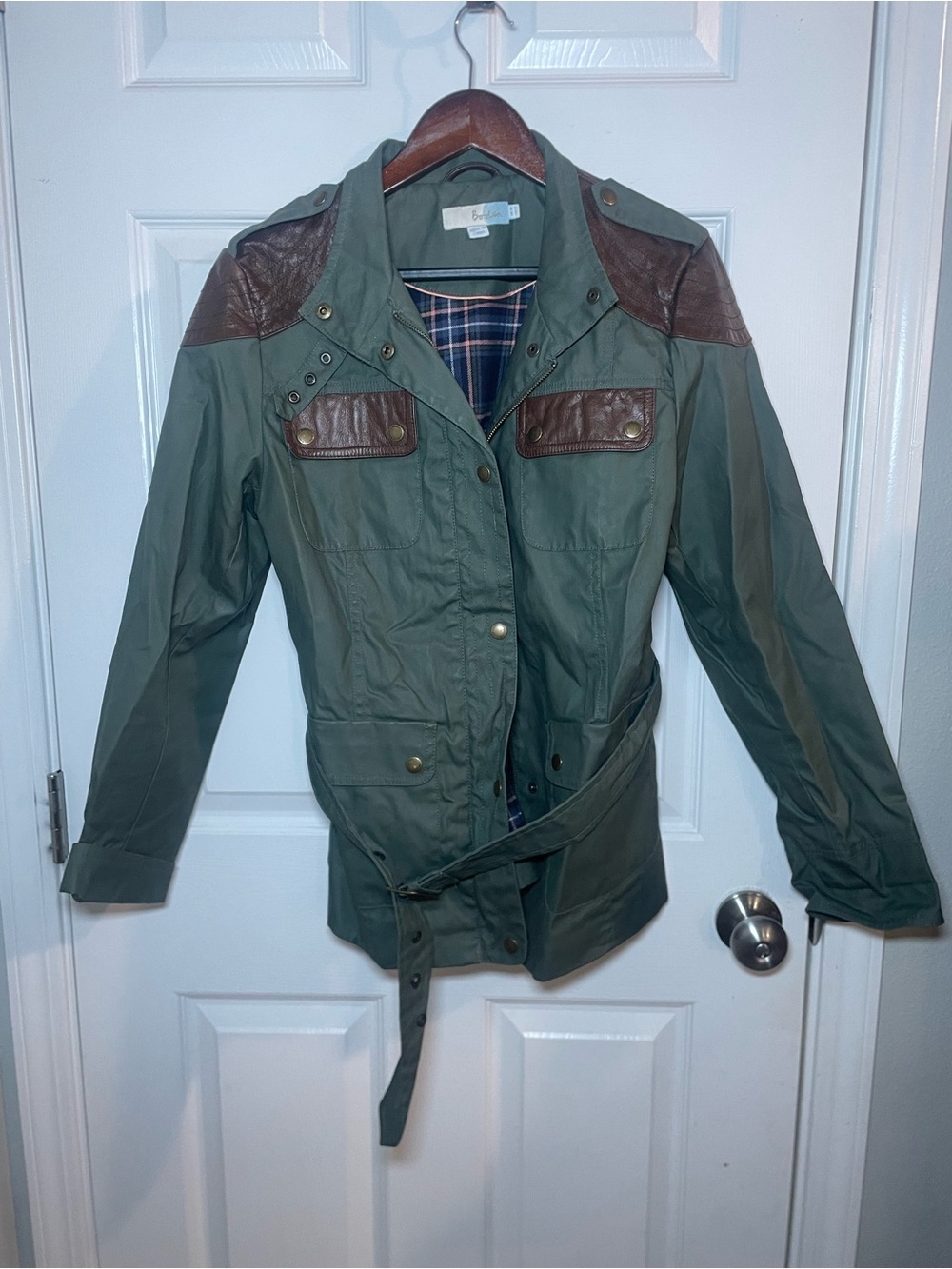 Boden Green Utility Field Jacket Leather Trim Plaid Lined Belted Women’s US 12